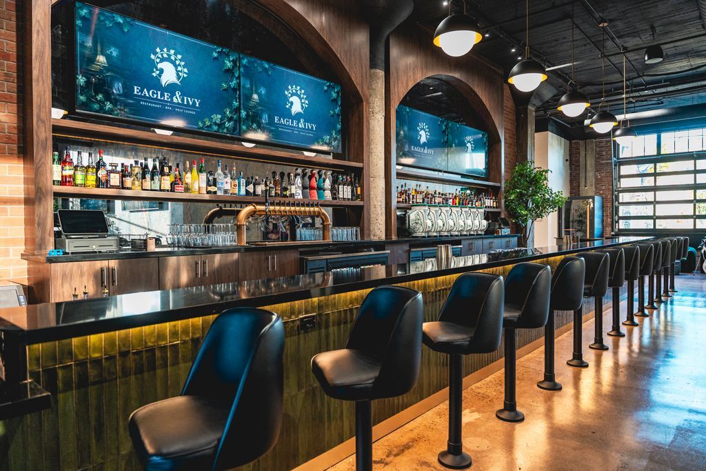 The Eagle & Ivy bar, with the logo on the screens above the back bar